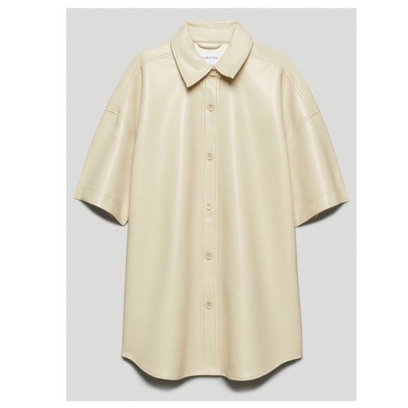 Aritzia Babaton Vegan Leather Frances Short Sleeve Button Up in Sand White - Picture 5 of 11